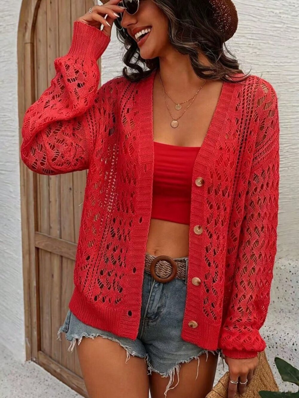 Red Casual Women's V-Neck  Button Front Hollow Knit Cardigan